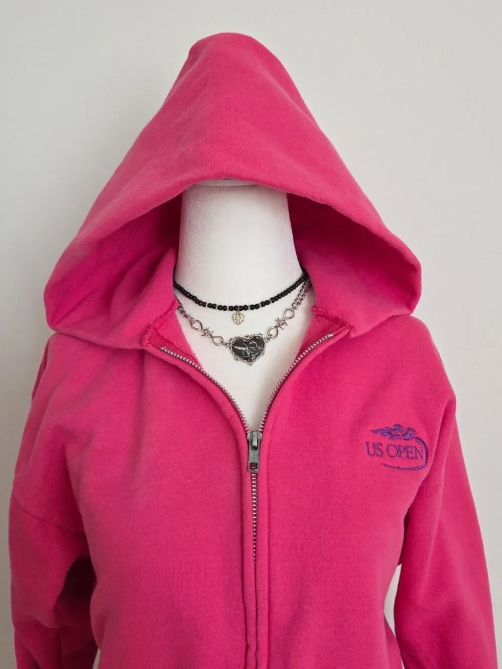 Vtg US Open Pink Hoodie Youth XL Tennis Athleisure Preppy Y2K Sporty Full Zip - Picture 3 of 16